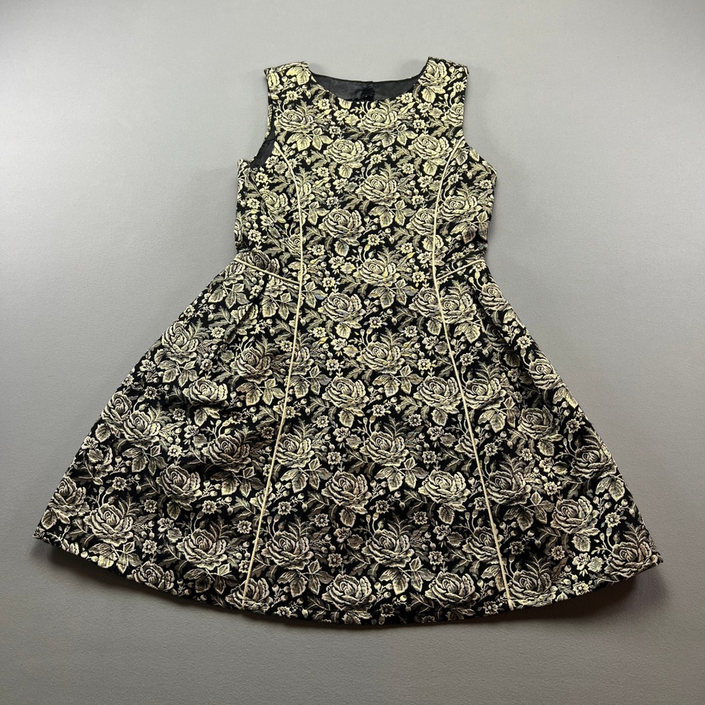 Place A-Line Dress Kids 12 Black Gold Jacquard Floral Sleeveless Keyhole Back